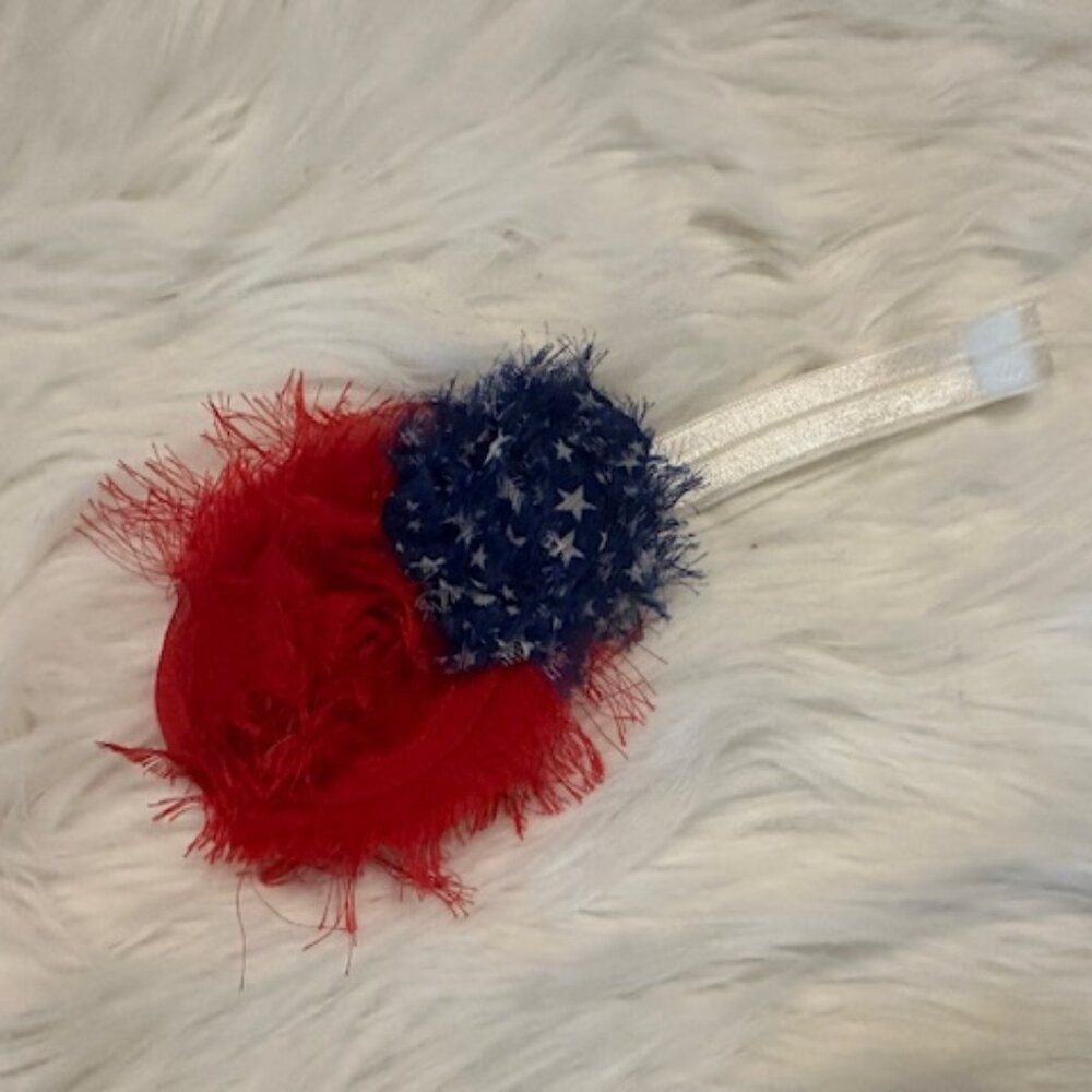 Red, White & Blue Stars Double Shabby Flowers on a FOE elastic headband  7577